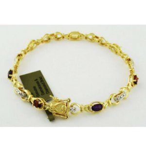GENUINE AMETHYST, GARNET, AQUA, YELLOW TOPAZ & DIAMONDS BRACELET .925 SILVER